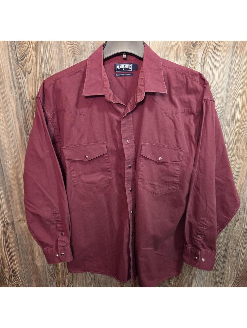 Panhandle Slim Shirt Size Large Red Pearl Snap Button Western Long Sleeve Twill
